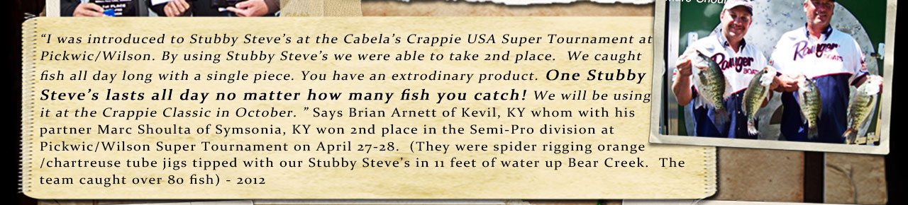 Brian Arnett and Marc Shoulta  credit using our Fish Food Pellets to help them finish in 2nd place in the Crappie USA Super Event on April 27, 2012....