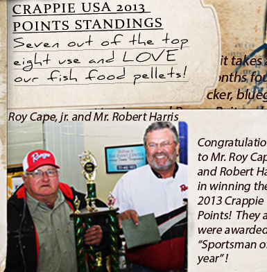 Seven out of the top 8 top place finishers in 2013 Crappie USA points divsion used our Fish Food Pellets!