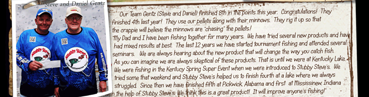 The great guys we sponsor, Steve and Daniel Gentz finshed eighth in the 2013 Crappie USA points race.... Lookin' good gentlemen!