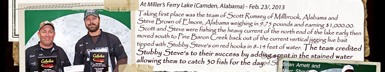 Scott Rumsey and Steve Brown credit using our Fish Food Pellets to help them win first place in the Crappie USA tournament on Feb. 23, 2013.... Steve talked us into making the brand new "Bright Pink" and "Light Pink" pellets!